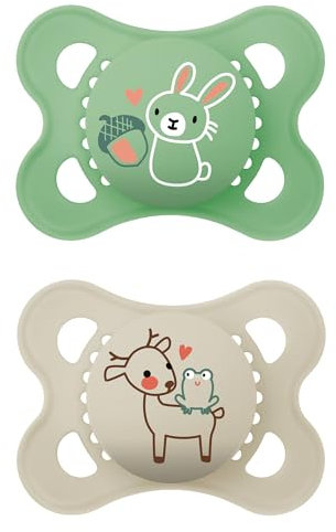 MAM Original Soothers | 0-6 Months | 2 Pack | Comes in Dummy Steriliser Case | Sustainable Materials | Baby Accessories for Newborn | Cream/Green (Various Designs)
