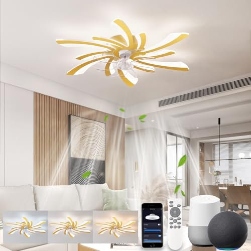 LJX Lampara Ventilador 78cm Ventilador de Techo con Luz LED Compatible con Alexa y Google Assistant Temporizador Silencioso Reversible 6 Velocidades para Dormitorio Salón, Dorada