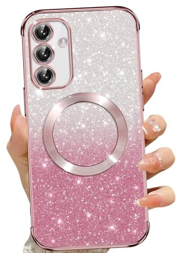 Phoona für Samsung Galaxy S23 FE 5G Hülle, Magnetisch Handyhülle Kompatibel mit MagSafe, Keine Vergilbung, Kratzfeste, Ganzkörperschutz Glitzer Hülle für Samsung S23 FE Mit 2 Schutzfolie, Rosa