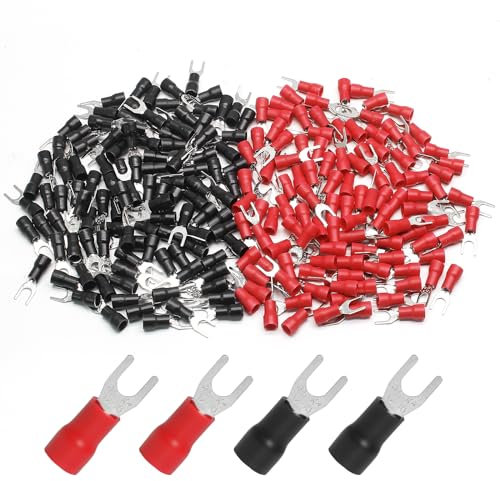 Litoexpe 100 Pcs 12-10 AWG Insulated Fork Spade Wire Connector, U Type Electrical Crimp Terminals Stud Size #8 (50 Red +50 Black)