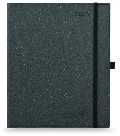 POPRUN Kalender 2025 Wochenplaner Hardcover, ca. A4 (26,5 x 21,5 cm), Hergestellt aus Erneuerbaren und Umweltfreundlichen Materialien, Terminplaner 2025 mit 80 GSM Recyceltes Papier - Schwarzgrau
