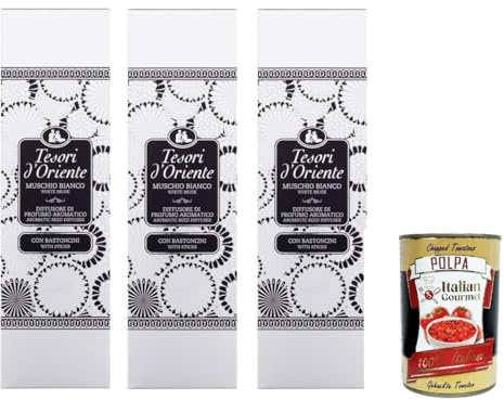 Italian Gourmet Diffusore di profumo Raumduft Muschio Bianco 3 x 200ml | Fragranza elegante e cremosa, Duftstäbchen für Wohnräume, angenehme, Gesamtnettogewicht 600 ml + Kostenlos Polpa 400g