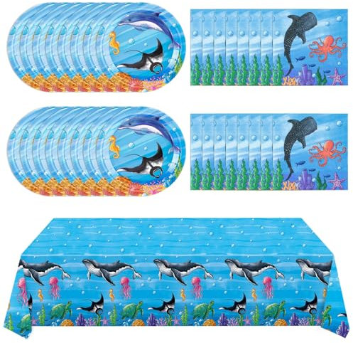 WERNNSAI Under the Sea Party Supplies - 48PCS Ocean Birthday Party Plates Napkins Tablecloth for Kids Boys Sea Animal Party Supplies Tableware Underwater Party Decorations Serves 16 Guests