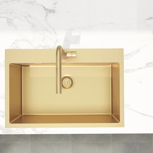 Swiss Aqua Technologies | Timeless Fregadero de cocina empotrable de acero inoxidable 304 | 1 bandeja | 68x45x21 cm | Acabado oro cepillado PVD | Resistente a las manchas y a la corrosión | Fácil de
