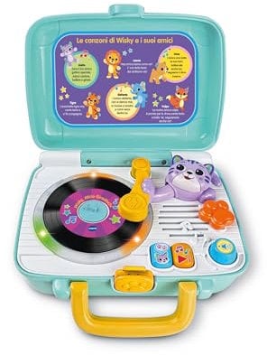 VTech Wisky, Micio Plattenspieler, Plattenspieler für Kinder, 5 Front-Rückscheiben, Lautstärkeregelung, Koffer inklusive, 6 Lieder, italienische Sprache, Batterien im Lieferumfang enthalten, 1-4 Jahre