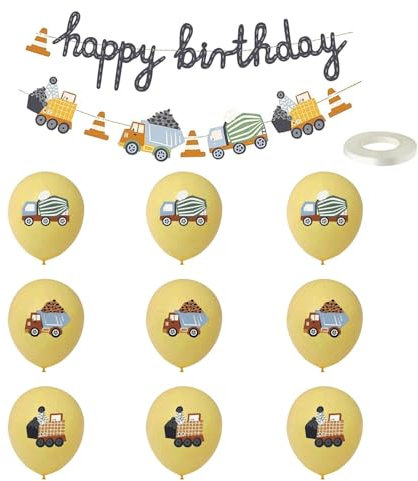 1 Stück Baufahrzeug Geburtstag Zugfahne, 9 Stück Luftballons Mit 1 Rolle Band, Dekoration Für Kindergeburtstag, Autodekoration, Baggerdekoration, Geburtstagshintergrundbanner