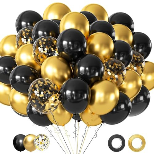 CharmBurst 60 Stück Luftballons Schwarz Gold Mit Band, 2024 Ballon Schwarz Luftballons Gold Latex Ballons mit Schwarz Gold Konfetti,Schwarze Luftballons Hajj Mubarak Deko Hajj Dekorationen