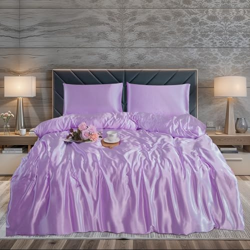 ZIMEL HOMES 3 piece-Satin Duvet Cover Set Soft bedding shiny silky bedding sets - duvet cover, 2 pillowcases (Lilac, Double)