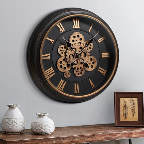 Mee 2ou Große Wanduhr mit Beweglichem Zahnrad, 18 Zoll / 45cm Retro Wanduhr für Wohnzimmerdekoration, Industrielle Steampunk Dekorative Wanduhr Vintage Bronze Gold Retro Wanduhr für Bauernhaus Wohnung