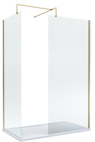 Balterley Wetroom Screen Set with Support Bar & Tray, 2X Shower Glass, Support Bar Kit, Rectangular Shower Tray, Toughened Safety Glass Screens with Arm Bracket for Bathroom (Brushed Brass/White)