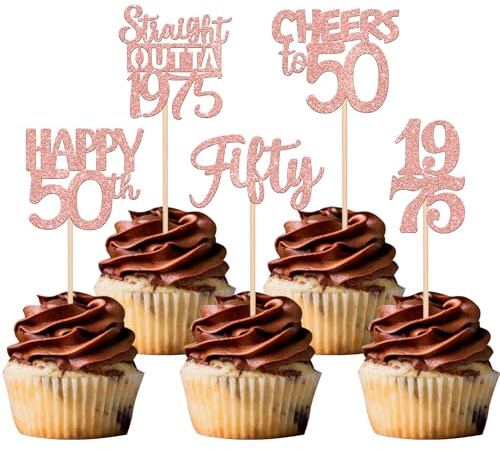 30 Stück 50th Geburtstag Tortendeko Glitzer Straight Outta 1975 Cupcake Toppers Fifty Happy 50th Kuchen Deko für Prost auf 50 Jahre Geburtstag Hochzeit Jahrestag Party Kuchen Dekoration Rosegold