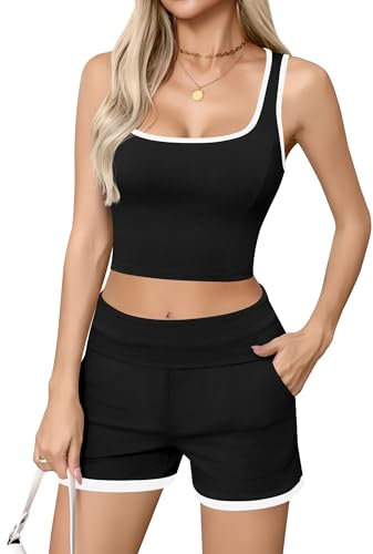 Missufe Damen 2 Teiler Outfits Ärmelloses Crop Tank Top und Shorts Kurze Hose Sommer Sport Hausanzug Set (Schwarz, Large)