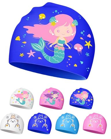 Bonnet de Bain pour Enfants 4-12 Ans, Bonnet Piscine Enfant en Silicone, Imperméable et Antidérapant (Fille de la mer Bleue)
