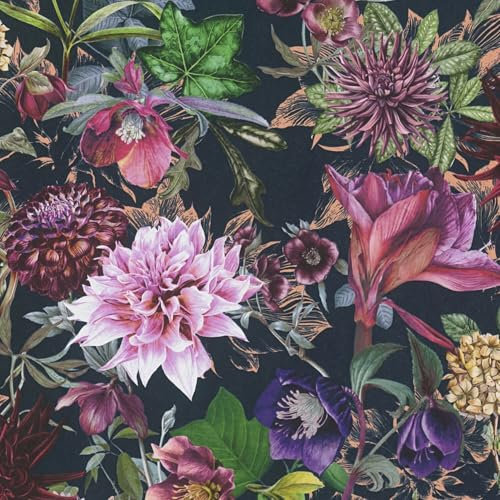 Profhome Papier peint floral 381756-GU papier peint intissé lisse sans textur noir vert violet rose 0,53 m x 10,05 m / 5,33 m2