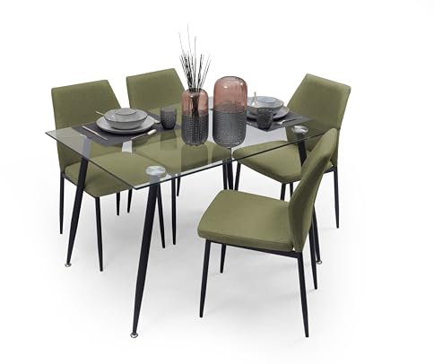 Homely - Conjunto de Comedor Cairo Bay 120 | Mesa de Cristal 120x79,5 cm y 4 Sillas Tapizadas Verde | Patas de Metal Color Negro | Diseño Nórdico de Comedor, Salón, Cocina, Sala