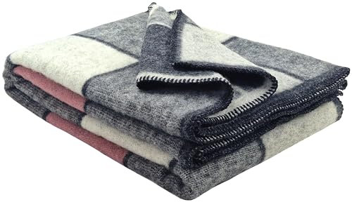 STTS International Wohndecke Wolldecke 100% Schurwolle 150 x 200 cm Tagesdecke Schurwolldecke Plaid Selva Grau-Rosa-Weiß (SQ)