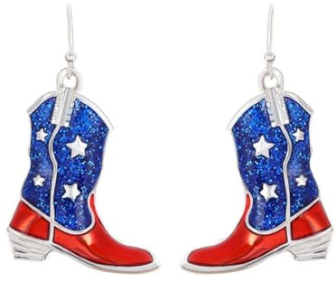 Ticome COUNTRY COWBOY Silver Star Glitter Cowboy Boot Earrings,National Flag Jewelry Women's Patriotic Independence Day Red, White, Blue Cowgirl Earrings