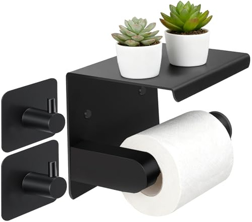 Toilet Paper Holder,No Drilling,Self-Adhesive Toilet Roll Holder,with 2 Adhesive Hooks,Toilet Paper Holder with Shelf Self-Adhesive Toilet Roll Holder Wall Mounting,for Kitchen and Bathroom