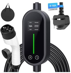AILRINNI Type 2 to 3 Pin EV Charger 3.5kW [8/10/13/16A], 5m/16.4Ft Cable with LCD Display | IP66 Waterproof | AI-Powered Chip Monitoring | All Type 2 Electric Vehicles & PHEVs