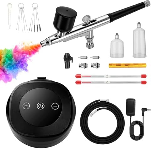 Kit Aerografo 48 PSI, 3 Ugetti 0,2/0,3/0,5 mm – Modellismo, Nail Art, Torte | Compresseur 10 L/min, 3 Pressions 28/35/46 PSI, Base Anti-Dérapante, Étui Complet pour Débutants & Experts