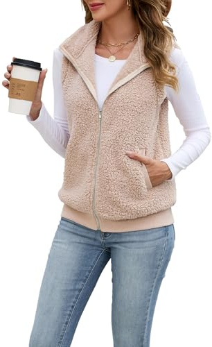 POMTIMCO Teddy Fleece Weste Damen Herbst Winter Plüsch Ärmellos Fleece Gilet Casual Einfarbig Damenweste Herbstmantel mit Taschen (Beige,L)