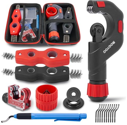 ROGVOC Copper Pipe Cutter Kit, 1/8-1-1/8 in Mini Tube Cutter, 5-50 mm Bearing Pipe Cutter, Deburring and Chamfer Tools, Pipe Cleaning Brushes and EVA Case for HVAC and Plumbing