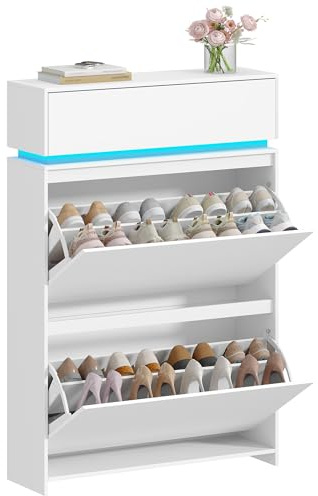 Hzuaneri Schuhschrank Schmal mit LED-Leuchten, 75B cm, 16 Paar, 2 Klappen | Verstellbare Ablagefläche, Für Eingang, Flur, Weiß, SR58803XEU