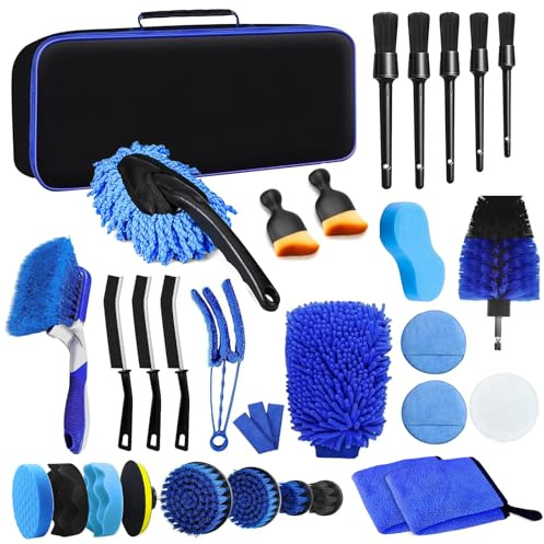 Yoodriy 31 Pièces Kit Nettoyage Voiture, Kit de Detailing Auto pour Intérieur et Extérieur, Lavage Voiture, avec Chiffons, Éponges, Brosses, pour Ventilation, Roues et Surfaces