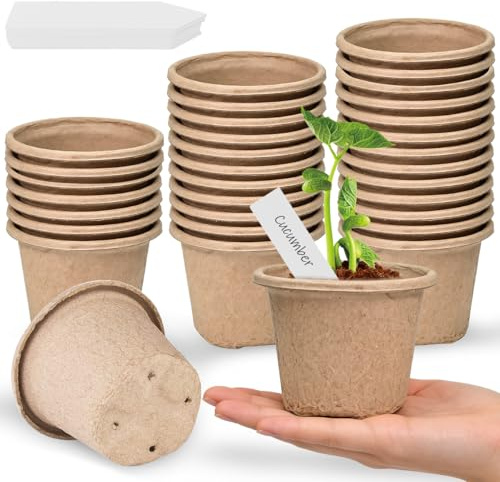 HHDESHSL 30 Pack Biodegradable Seed Pots, 11 cm Pot de Semis avec 30 Pcs Étiquettes, Pots de Démarrage Graines de Semis en Tourbe, Godets de Rempotage Degradable pour Serre Jardin Potager Fleur Semis