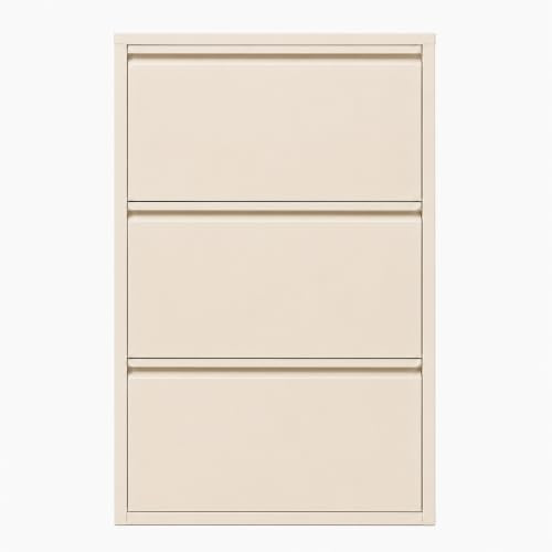 Alveon Schuhschrank Schmal, Metall Schuhkipper mit Magnet-Klappen, Freistehend oder Wandmontage, für Flur, Eingang & Diele, Platzsparend – 3 Regale