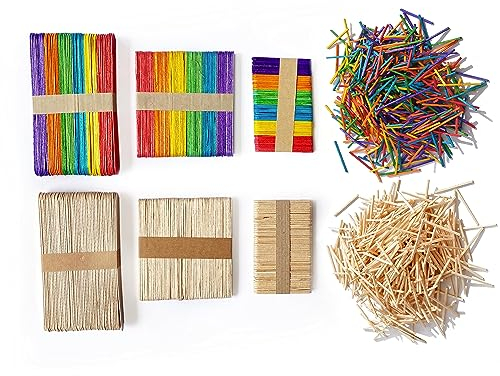 ZADAWERK® Holzstäbchen, Eisstiele aus Holz zum Basteln - Bunt & Natur - 1500 Stück - DIY - Holzstäbe, Eisstäbchen, Holzspatel, Popsicle Sticks - Kreativset mit verschiedenen Größen