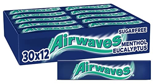 Airwaves Kaugummi Zuckerfrei, Menthol Eukalyptus Gum, 30 x 12 Dragees, Großpackung Chewing Gum, Kaugummi ohne Zucker mit Minz Frische (360 Dragees)