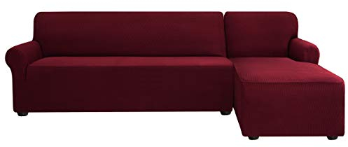 subrtex Sofabezug L Form Stretch Sofahusse Ecksofa Elastisch Eck Stretch-Sofabezug Eckcouch überwurf Weich Stoff Abwaschbar (Rechts 2 Sitzer, Weinrot)