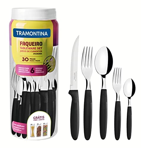 Tramontina Ipanema Besteckset für 6 Personen, Menübesteck 30-teilig, Edelstahl, Griff schwarz
