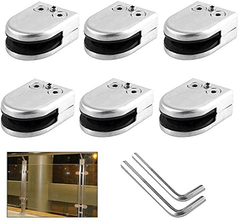 QitinDasen 6 Pièces 8~10 mm (M Taille) Pinces à Verre, Pince à Verre en Acier Inoxydable 304, Support de Serrage en Verre Réglable à Dos Plat, pour Main Courante Balustrade Escalier (Argent)