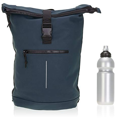 New Rebels Rucksack Plane Time Bag Kurierrucksack Roll-up Fahrradrucksack Sport Fitness + Flasche (Dunkelblau 02)