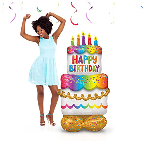 Amscan 4244911 - Folienballon Geburtstagskuchen, Größe ca. 130 cm, mehrfarbiger AirLoonz-Ballon, mit Helium oder Luft befüllbar, Geschenk, Dekoration, Geburtstag, Torte, Happy Birthday