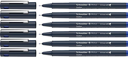 Schneider Pictus Fineliner (Strichstärke 0,9 mm, dokumentenechte Pigmentliner, metallgefasste Spitze, Gehäuse aus 85% recyceltem Kunststoff) 6er Pack, blau