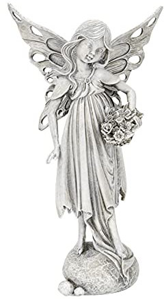 ETC dekorative ausgefallene Deko-Figur Elfe Fantasy-Figur Polystone antikgrau Blumenkorb rechts