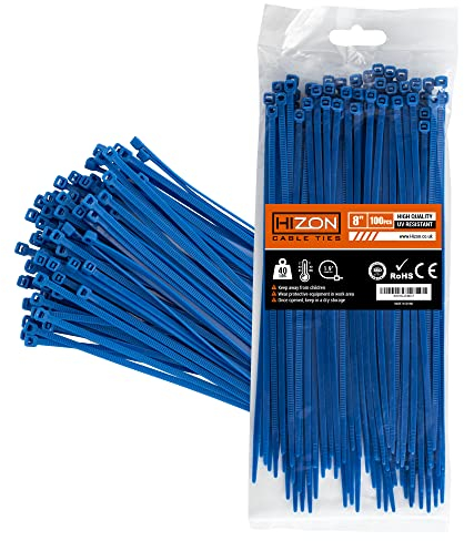 Hizon 100 Pack of Blue Cable Ties, 200mm x 3.6mm, 8 Premium Tie Wraps, Nylon Zip Ties, Perfect for Home, Office, Garage and Workshop…