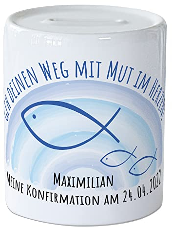 GRAZDesign Spardose Konfirmation und Kommunion, Geschenk-Idee als Geldgeschenk, für Mädchen und Jungen (Meine Konfirmation mit Regenbogen Blau)