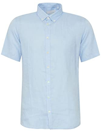 CASUAL FRIDAY CFAnton Herren Leinenhemd Kurzarmhemd Hemd 100% Leinen Button-Down-Kragen Unifarben Regular Fit, Größe:L, Farbe:Chambray Blue (154030)