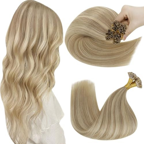 Hetto Extensions Echthaar Bonding Blond Bonding Extensions Echthaar 50 cm Highlights Mittel Blond to Goldene Keratin U Tip Gerade Invisible Remy Haarverlangerung 1g/s 50g #17/23