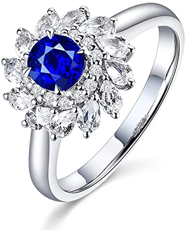 Bishilin Frauen Ring Weißgold 750 Echt, Verlobungsring Blume mit 0.67ct Saphir Eheringe Nickelfrei Hochzeitsring Diamant Gr.53 (16.9)