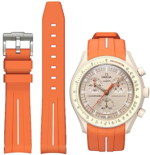 BONACE Bracelet pour Omega x Swatch,Courbe Sans Soudure Silicone Bracelet pour Swatch Omega Moonswatch Speedmaster Remplacement de Montre 20mm (Lignes orange - blanc)
