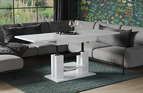 Endo-Moebel Couchtisch Iso 110-170 cm Esstisch erweiterbar & höhenverstellbar Doppellift (Weiß Hochglanz)