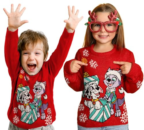 United Labels Paw Patrol Pullover Marshall und Everest, Rot, Winterpullover für Kinder, Winter Strickpullover für Jungen und Mädchen