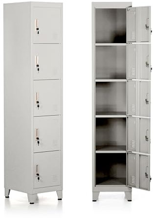 Brigros - Armadietto Metallico Multiuso, Armadio Spogliatoio Salvaspazio Con Serratura, Armadietto Vari Ripiani Con Ante In Metallo Per Ufficio O Spogliatoio (Grigio, 5 Ante)