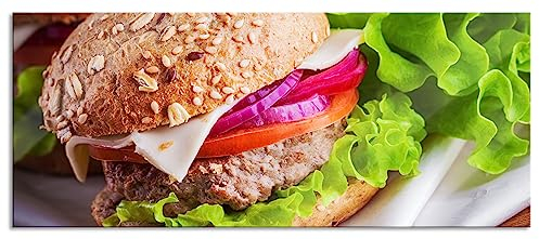 Pixxprint Glasbild Panorama, Wandbild aus Echtglas, Köstlicher Hamburger, 120x50 cm, inkl. Aufhängung und Abstandshalter