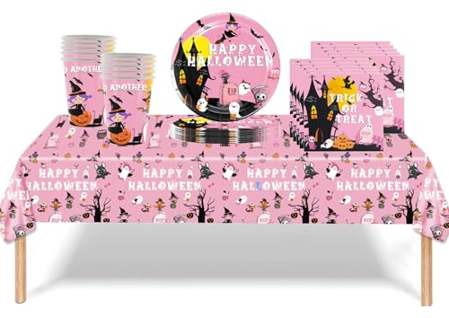 ATBEAMEN 41Pcs Halloween Party Tableware Decorations for Kids Halloween, Disposable Set Pink Table Cloth, 7inch Paper Plates, Napkins, Cups Girls Favor